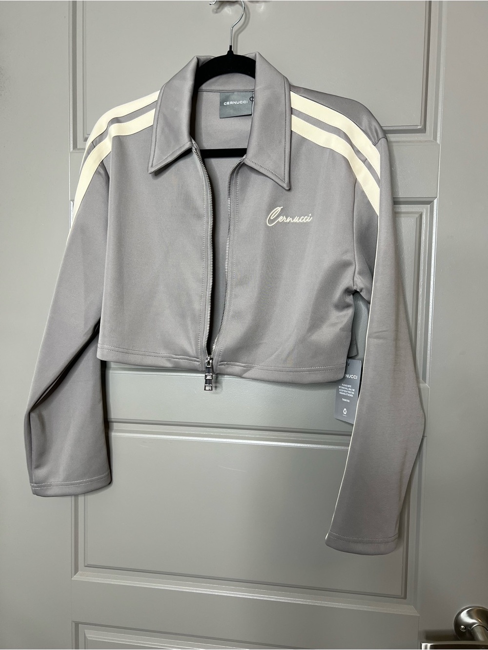Cenrucci Cropped Track Jacket - Gray with Cream Stripes